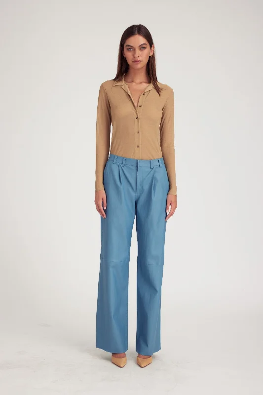 High-rise flare pants for vintage chic appeal -Chambray Blue Leather Pleated Trousers