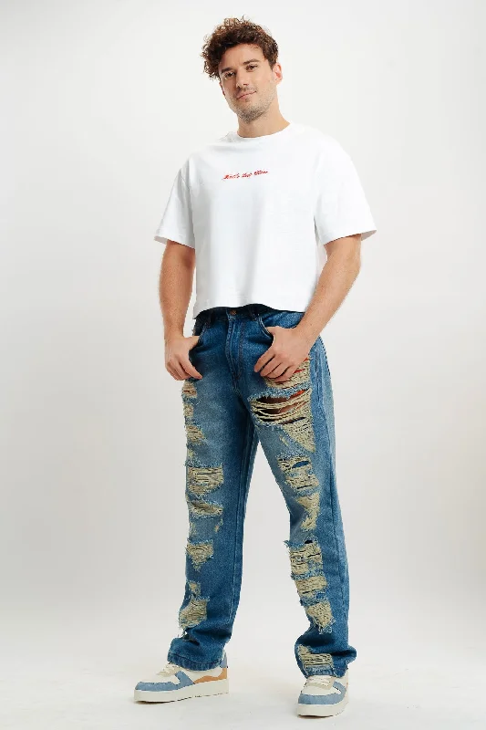 Frayed Hem Jeans for Edgy -Men's Mid Blue Straight Jeans