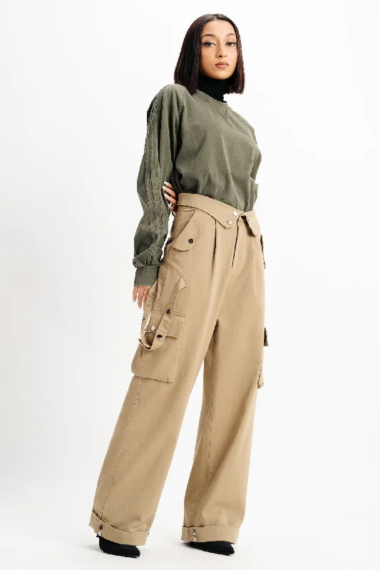 Fringed Jeans for Western -Pale Khaki Flap Detail Waistband Cargos