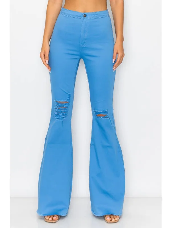 Club Jeans for Social -High Waisted Sky Blue Color Distressed Bell Bottom Jeans