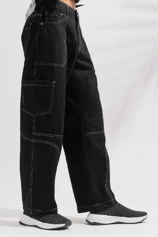 School Jeans for Uniform -Black Contrast Seam Men's Cargo Jeans