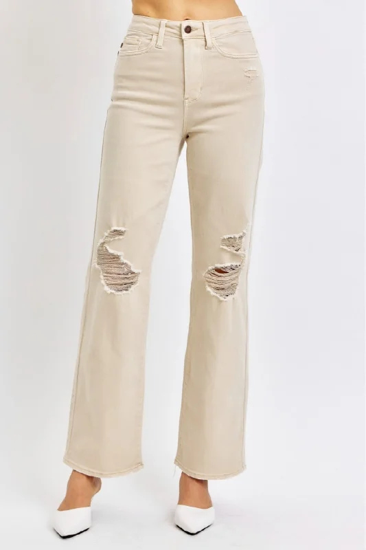 Leather Trim Jeans for Luxury -Judy Blue High Waist Dyed Bone Destroyed 90's Straight Leg Jeans