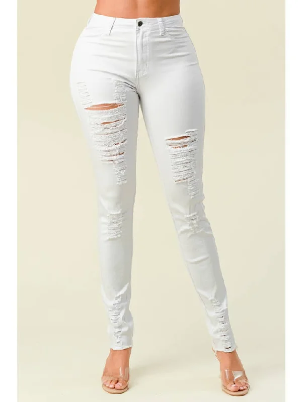 Gym Jeans for Workout -High Waisted Royal White Color Distressed Skinny Jeans