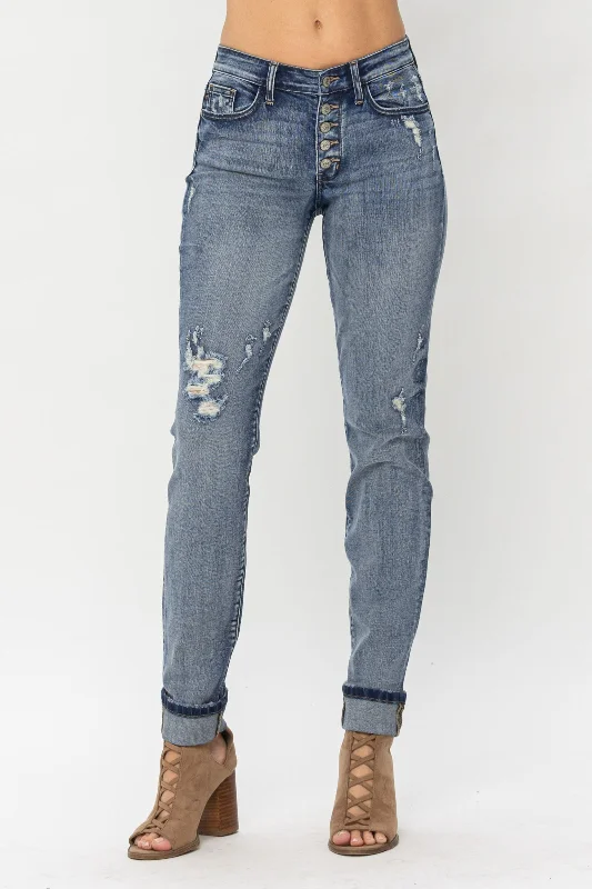 Outdoor Jeans for Adventures -Judy Blue Plus Size Mid Rise Button Fly Contrast Wash Cuffed Boyfriend Jeans