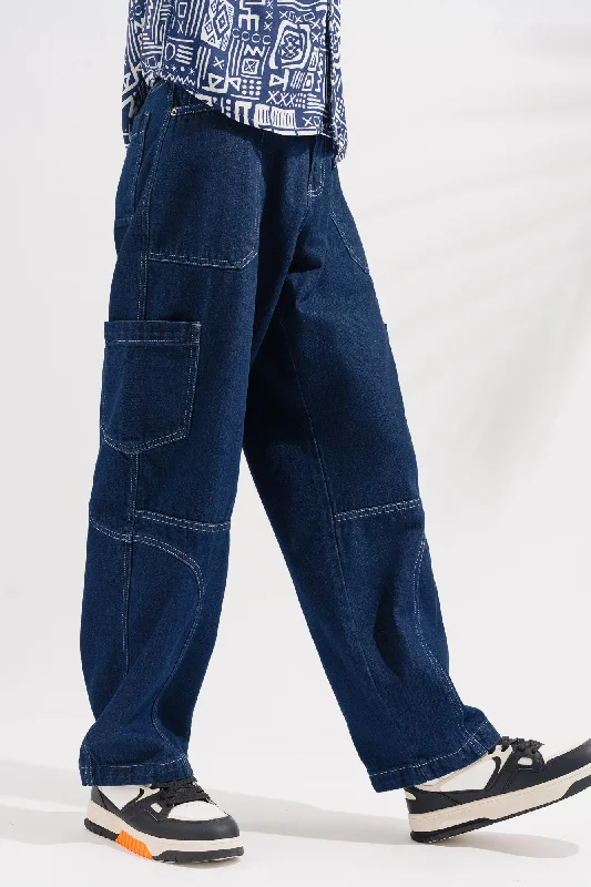 Stonewashed Jeans for Softness -Blue Contrast Seam Cargo Men's Jeans