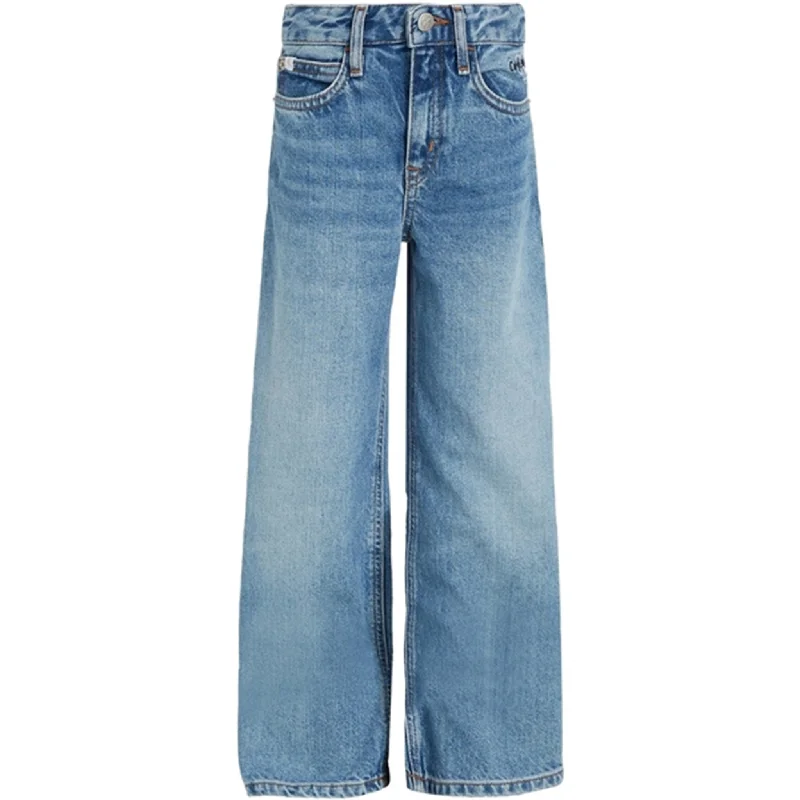 Ripped Jeans for Trendy Look -Calvin Klein HR Wide Leg Workwear Denim Jeans Authentic Light Blue