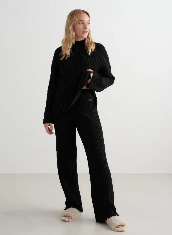 Lightweight travel pants with wrinkle-free fabric -Black Rib Knit Pants