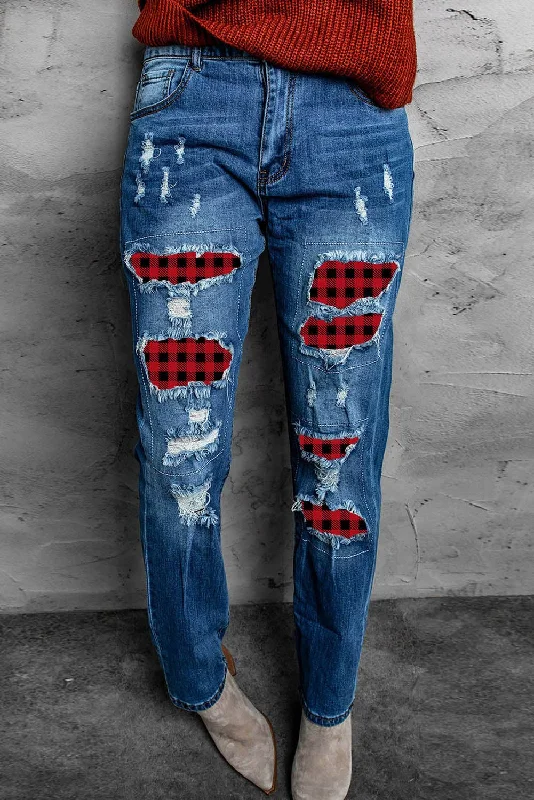 Holiday Jeans for Festive -Buffalo Plaid Patches Ripped Straight Jeans