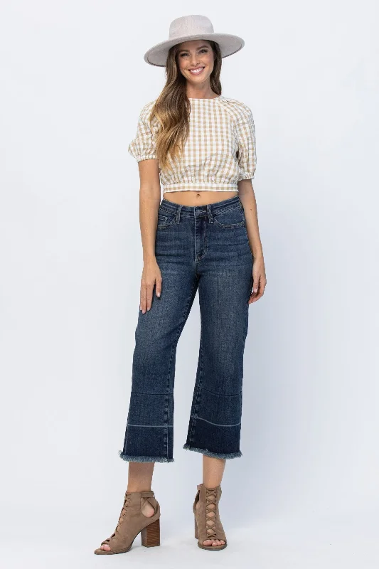 Christmas Jeans for Seasonal -Judy Blue High Rise Wide Leg Cropped Release Hem Jeans