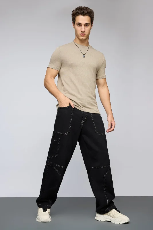 Stretch Jeans for Flexibility -Stealth Stitch Black Men's Cargo Jeans