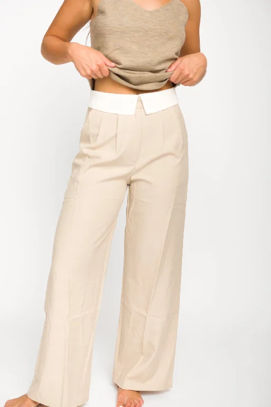 Weather-resistant pants for unpredictable climate needs -Penelope Tailored Trousers With Contrast Folded Waist in Taupe/Beige