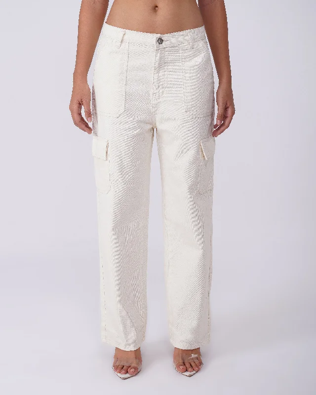 Embroidered Jeans for Detail -WHITE SOLID CARGO JEANS