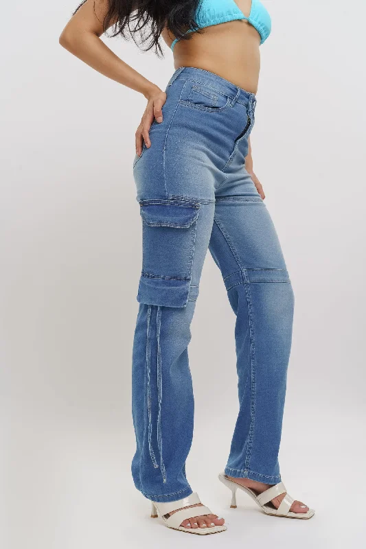 Flare Jeans for Retro Vibe -Faded Indigo Stretch Cargo