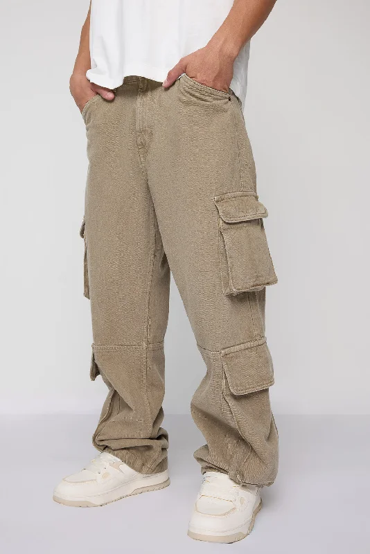 Distressed Jeans for Edgy Style -Khaki Baggy Fit Men's Utility Cargo Jeans