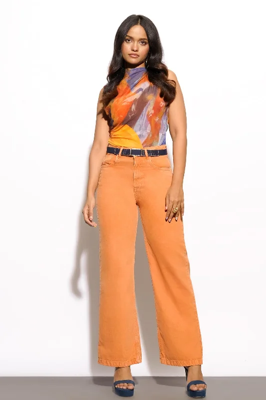 Leather Trim Jeans for Luxury -Tangerine Wide Jeans