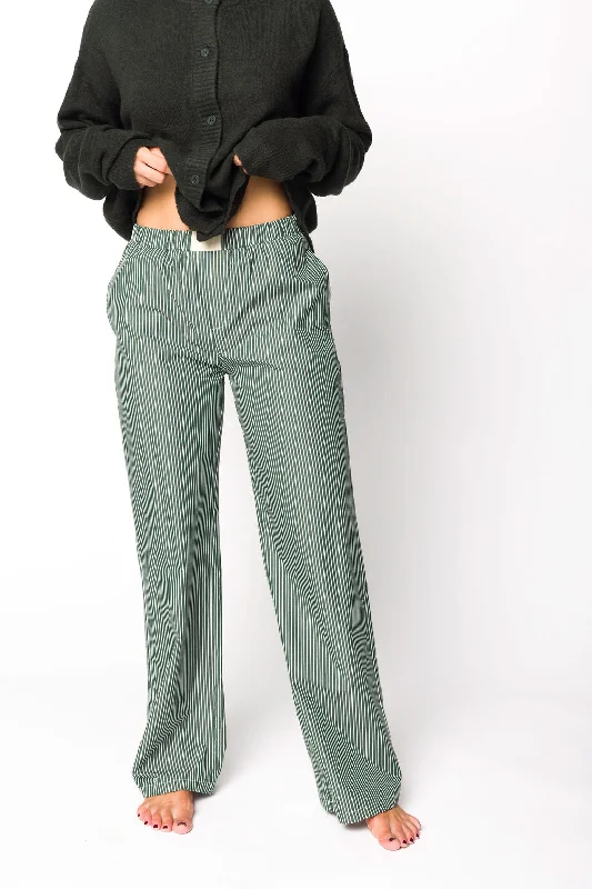 Designer skinny pants for luxury fashion flair -Jo Striped Pajama Pants in Forest Green