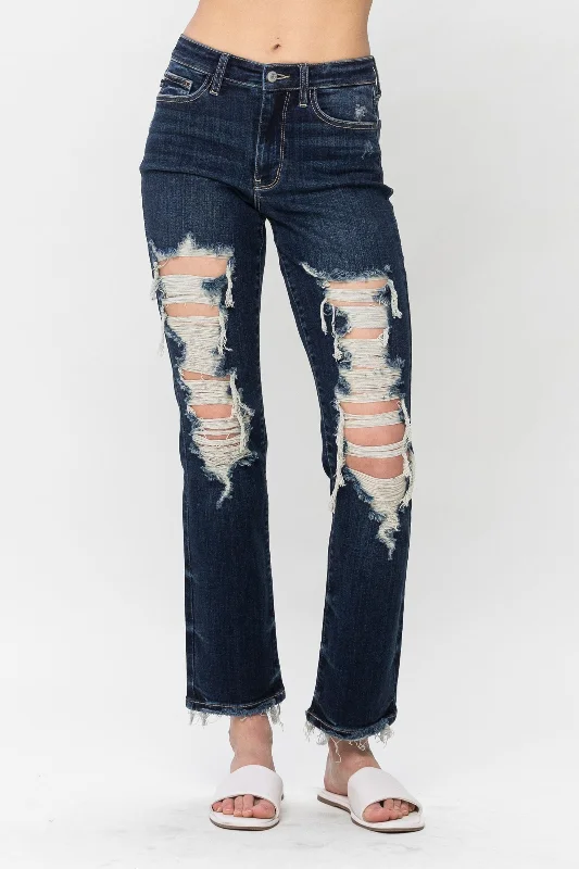 Light Wash Jeans for Casual -Judy Blue Mid Rise Heavy Destroyed Straight Leg Jeans