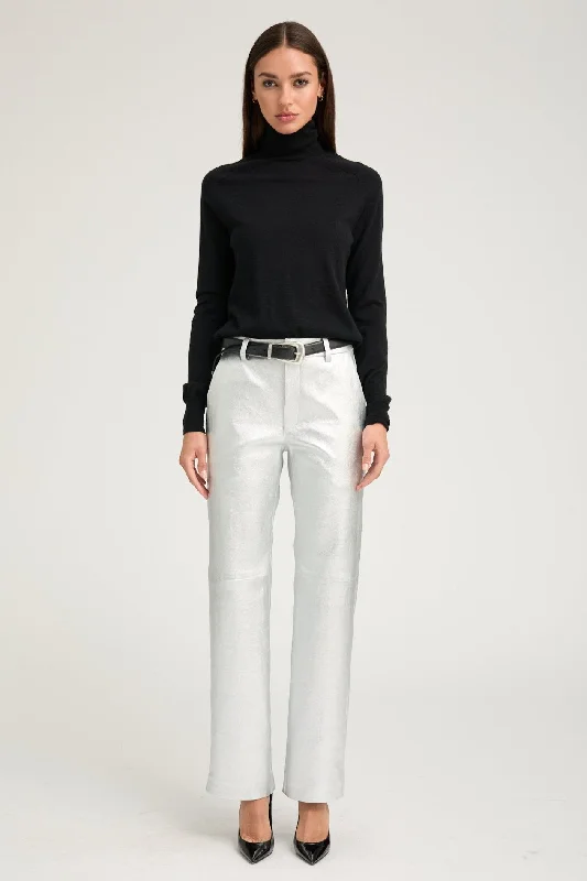 Tailored slim pants for polished business looks -Metallic Silver Leather Classic Trousers