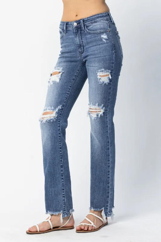 Low Waisted Jeans for Casual -Judy Blue Reg/Plus Destroyed Straight Mid Rise Jeans