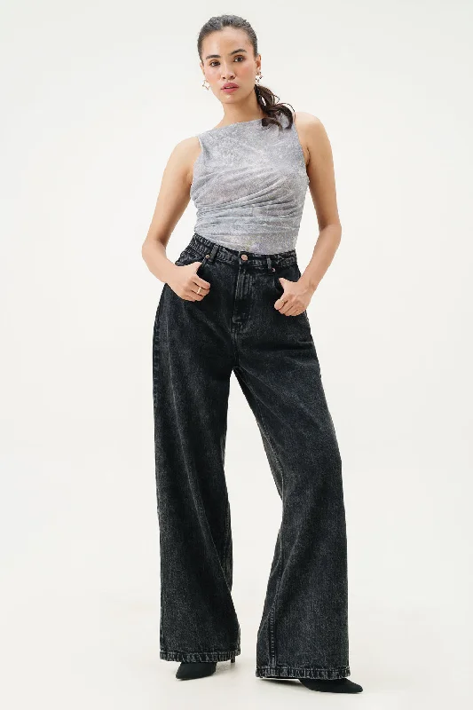 Mini Skirt Jeans for Flirty -Black Asteroid Super Wide Flare Jeans