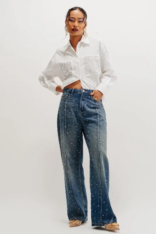 Embellished Back Pocket Jeans for Glamour -Embellished Front Tucked Straight Jeans