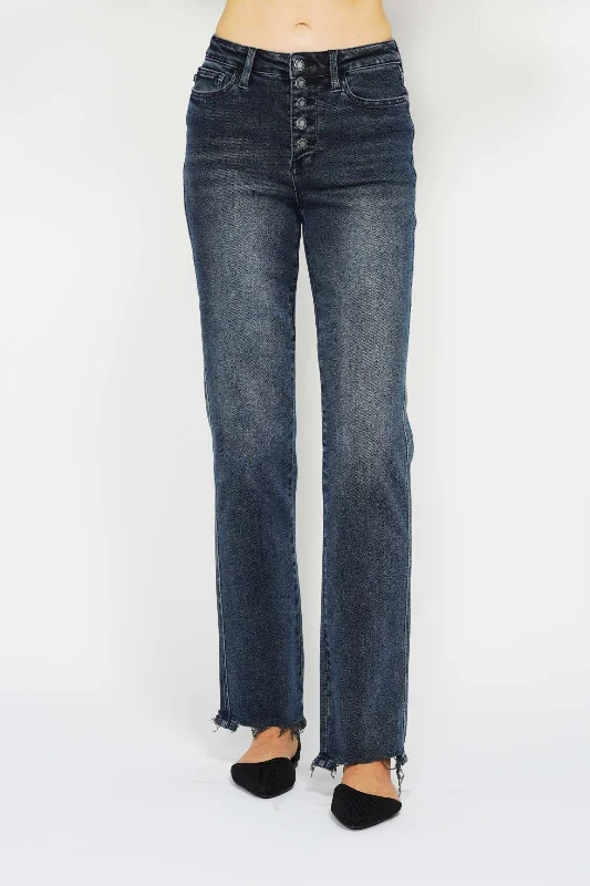 Boyfriend Jeans for Relaxed -Judy Blue High Rise Button Fly Hem Destroy Straight Leg