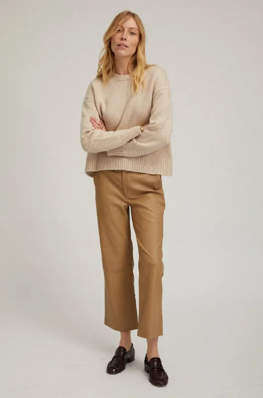 Retro bell-bottom pants for 70s-inspired fashion -Khaki Leather Cropped Trousers