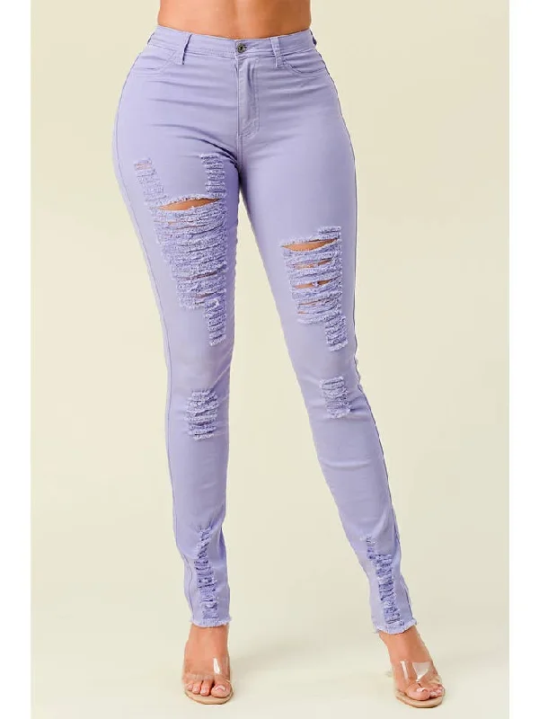 Dance Jeans for Movement -High Waisted Lavender Color Distressed Skinny Jeans