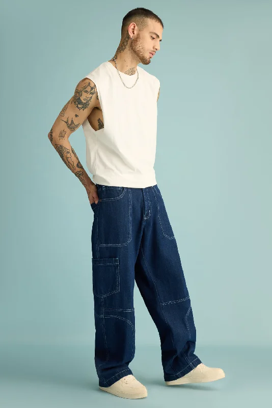 Recycled Jeans for Green -Men's Ocean Contrast Seam Cargo Jeans