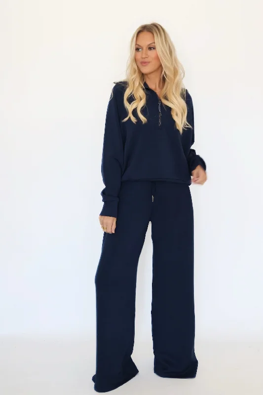 Soft velvet pants for cozy holiday outfits -SPANX AirEssentials Wide Leg Pant - Navy