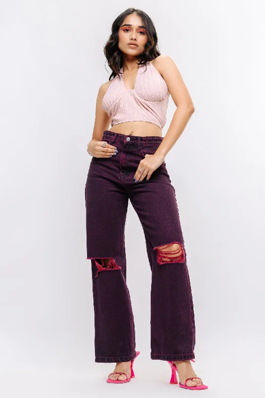 Wrap Skirt Jeans for Versatile -Denim Claret Red Straight Pant