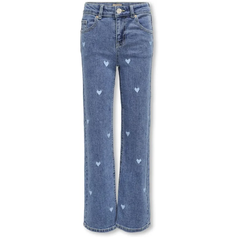 Wedding Jeans for Casual -kids ONLY Light Medium Blue Denim Embroidered Blue Hearts Juicy Wide Leg Heart Denim Jeans