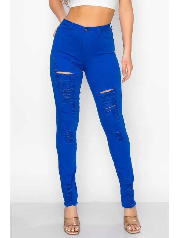 Yoga Jeans for Stretch -High Waisted Royal Blue Color Distressed Skinny Jeans