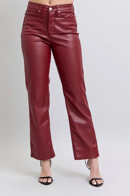 Shopping Jeans for Convenient -Judy Blue Reg/Plus High Waist Tummy Control Red Vegan Leather Straight Leg Jeans