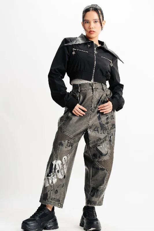 Cuffed Jeans for Stylish Touch -Printed Slouchy Jeans