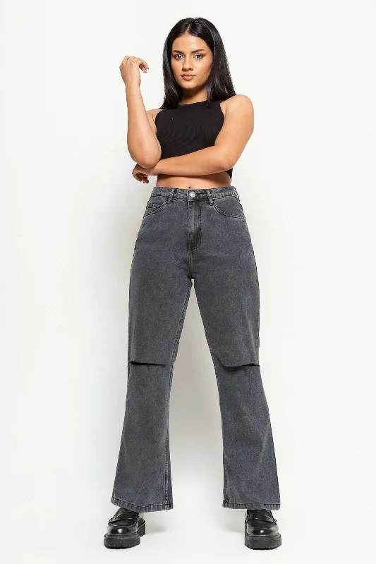 Low Waisted Jeans for Casual -Knee Slit Charcoal Bootcut