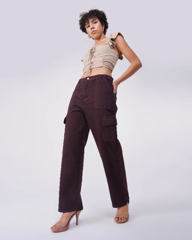 High Waisted Jeans for Shape -BROWN SOLID CARGO JEANS