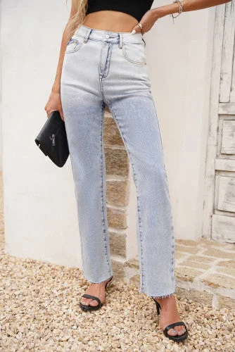 Weekend Jeans for Lazy -High Rise Ombre Raw Cuffs Straight Jeans