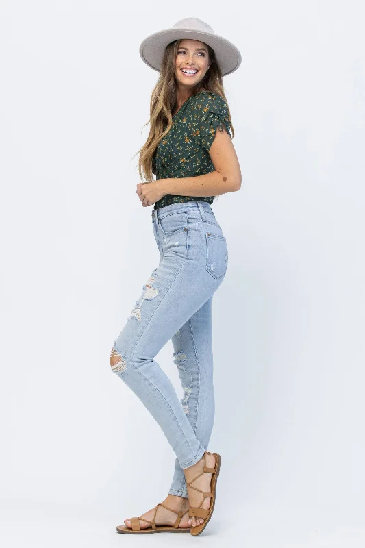 Mother's Day Jeans for Gift -Judy Blue Plus Size High Rise Tummy Control Destroyed Skinny Jeans