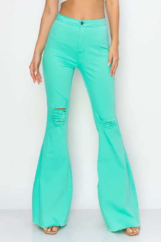 Wedding Jeans for Casual -High Waisted Mint Color Distressed Bell Bottoms