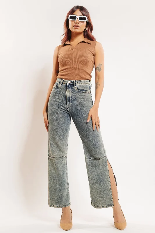 Denim Jeans for Durability -Vintage Washed Side Slit Jeans