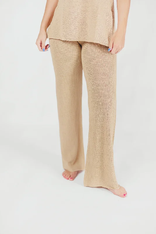 Waterproof hiking pants for rainy trail conditions -Brielle Crochet Knit Pant in Sand (No Lining)