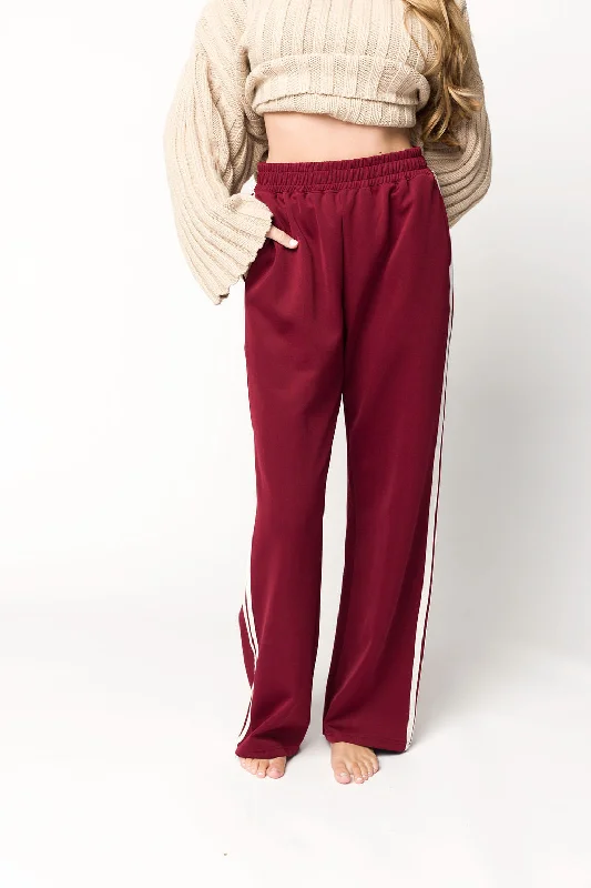 Classic khaki pants for timeless wardrobe staples -Sue Wide Leg Track Pants in Burgundy