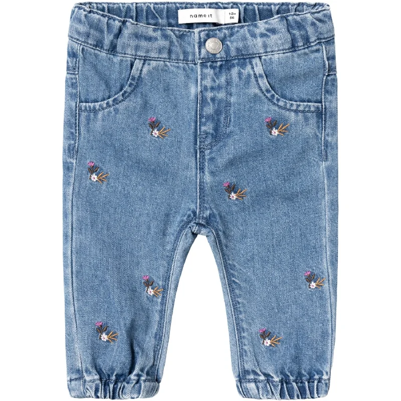 Belt Loops Jeans for Accessorizing -Name It Medium Blue Denim Rose Shaped Embellished Jeans