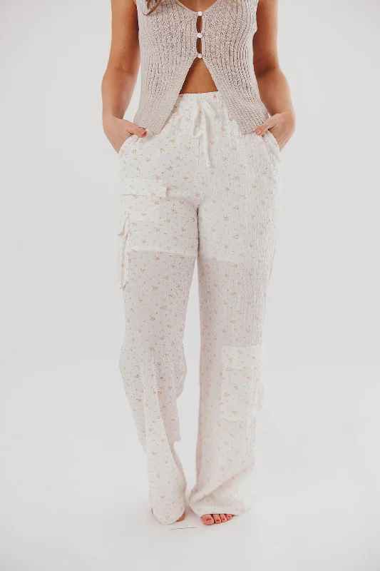 Lightweight travel pants for long flight comfort -Teagan Crinkle Cargo Pants in Off-White Floral