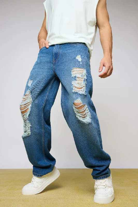 Camping Jeans for Wilderness -Blue Raw Distressed Men's Slouchy Jeans