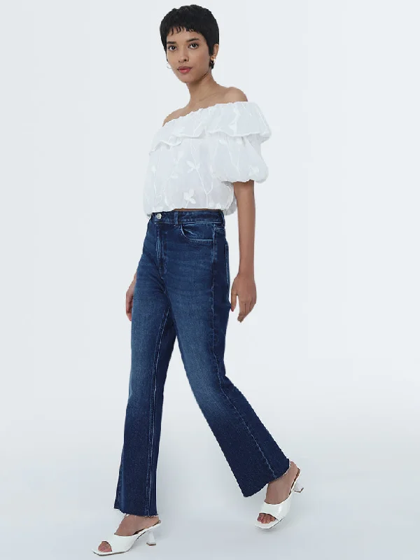 Frayed Hem Jeans for Edgy -LOV Dark Blue Washed Straight - Fit High - Rise Jeans