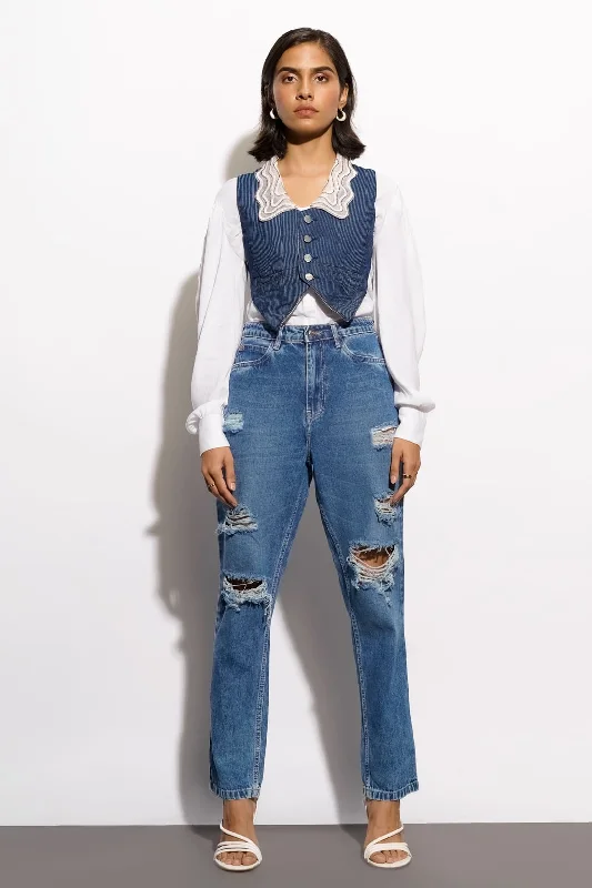 Patchwork Jeans for Bohemian -Washed Out Distressed Mom Jeans