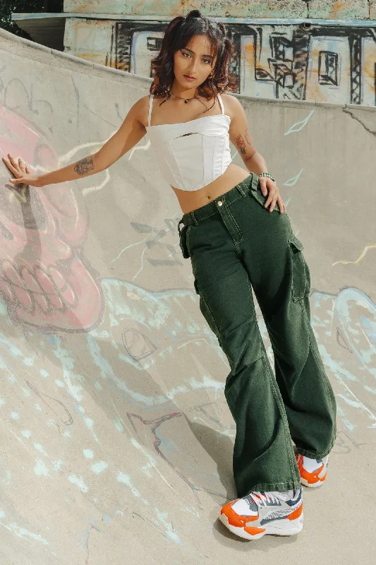 Mom Jeans for Vintage Appeal -Contrast Stitch Green Cargo Pants