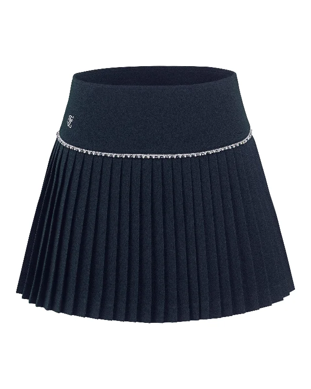 Lightweight linen skirts for breathable wear -[FL Signature] Pearl & Bead Flare Pleated Skirt - Navy